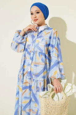 Vista alternativa de Half Button Brush Pattern Dress Blue