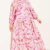 Half Button Brush Pattern Dress Pink