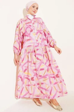 Half Button Brush Pattern Dress Pink