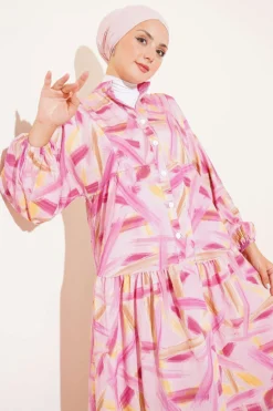 Vista alternativa de Half Button Brush Pattern Dress Pink