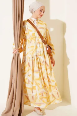 Half Button Brush Pattern Dress Yellow