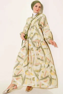 Half Button Brush Pattern Dress Green
