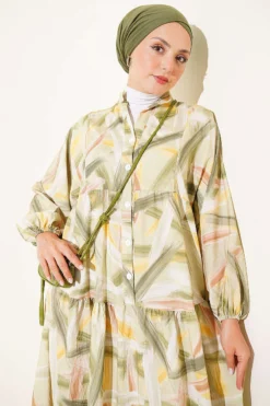 Vista alternativa de Half Button Brush Pattern Dress Green