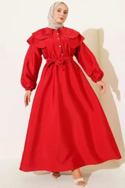 Half Buttoned Tiered Sailor Collar Dress Red