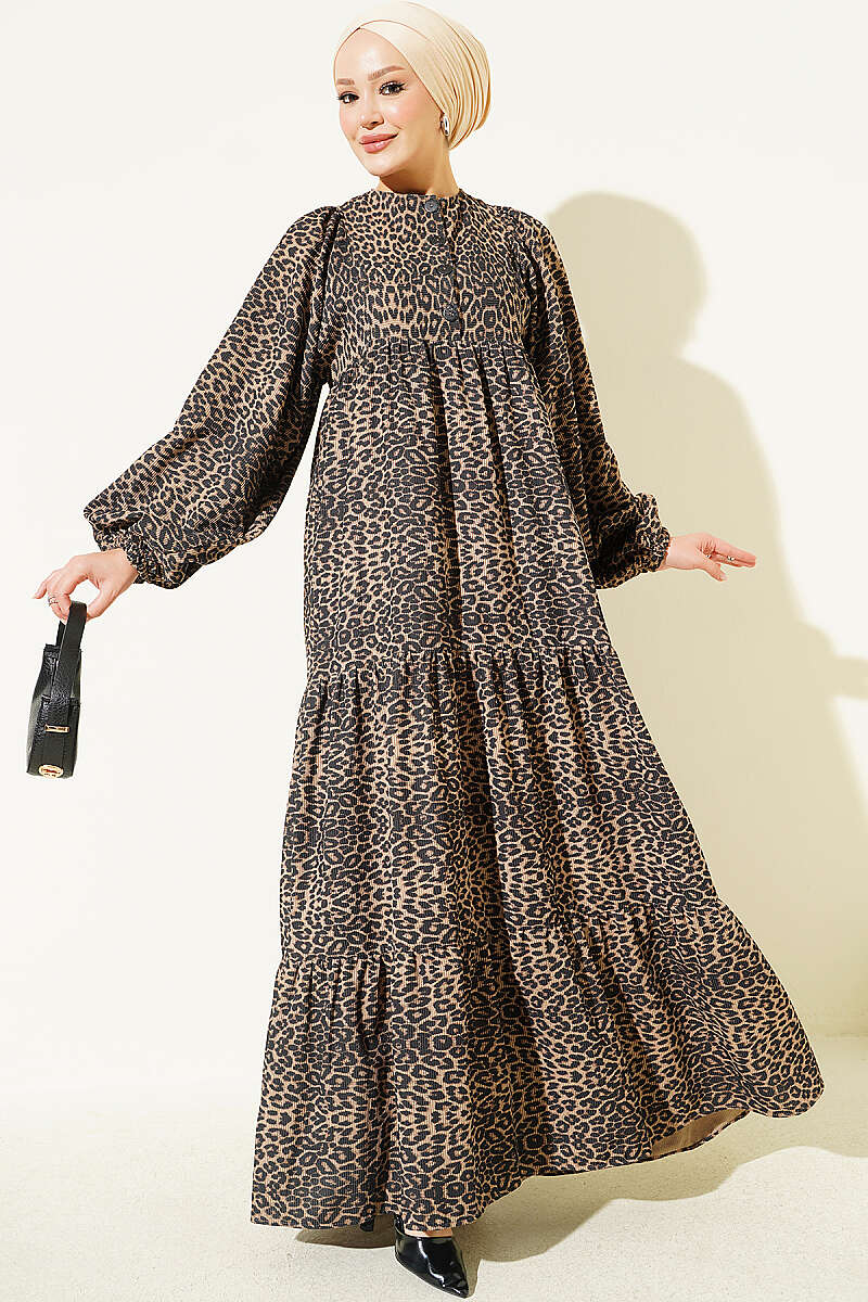 Batwing Sleeve Patterned Velvet Dress Leopard