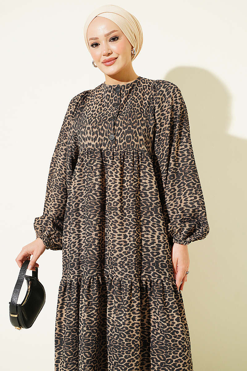 Batwing Sleeve Patterned Velvet Dress Leopard - Image 2