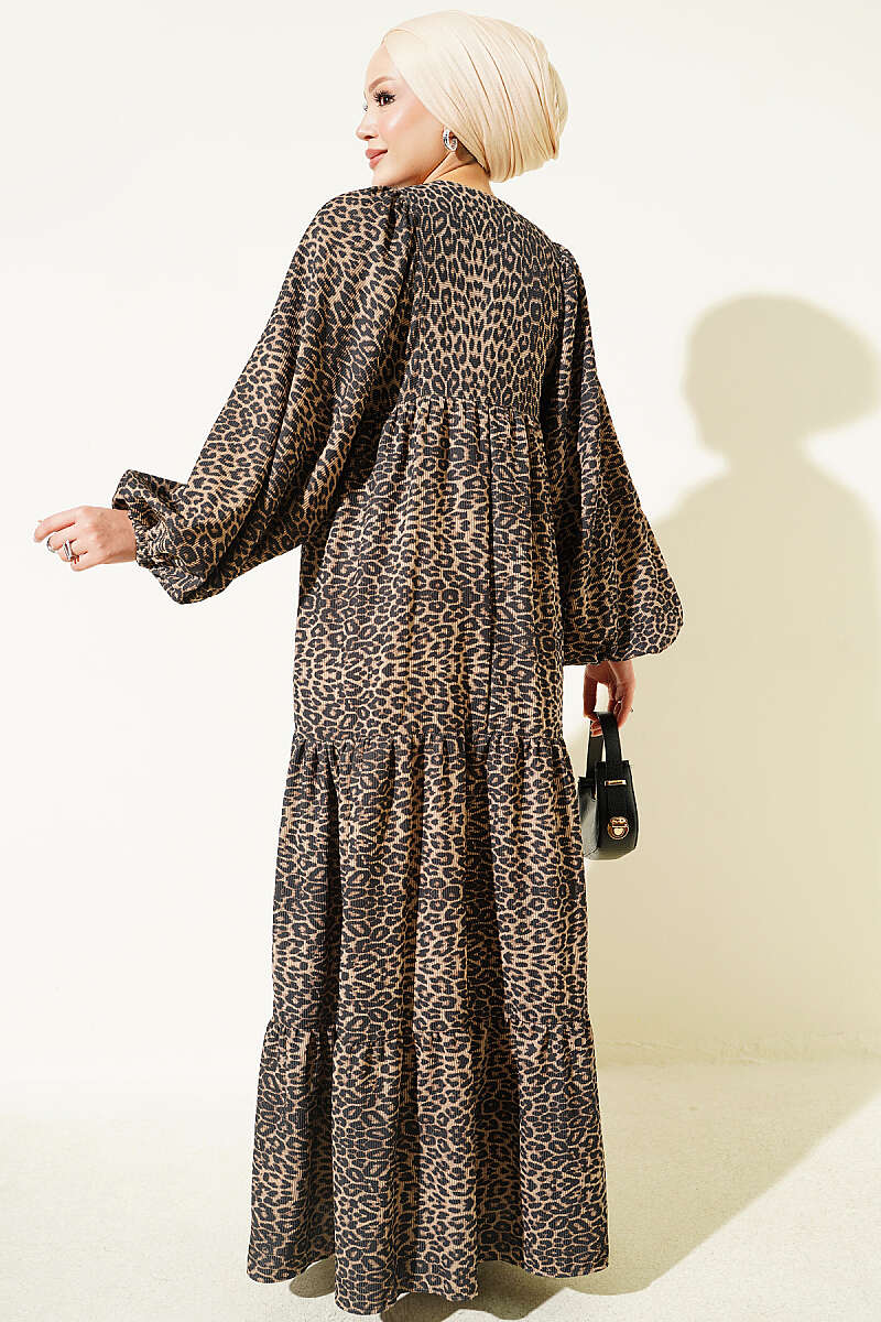 Batwing Sleeve Patterned Velvet Dress Leopard - Image 3