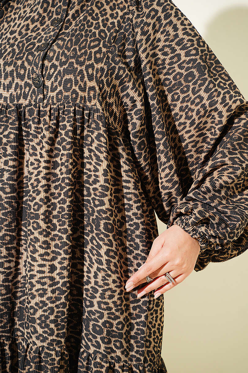 Batwing Sleeve Patterned Velvet Dress Leopard - Image 4