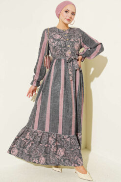 Half Button Floral Trimmed Dress Smoke