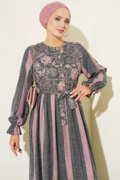 Alternative view of Half Button Floral Trimmed Dress Smoke