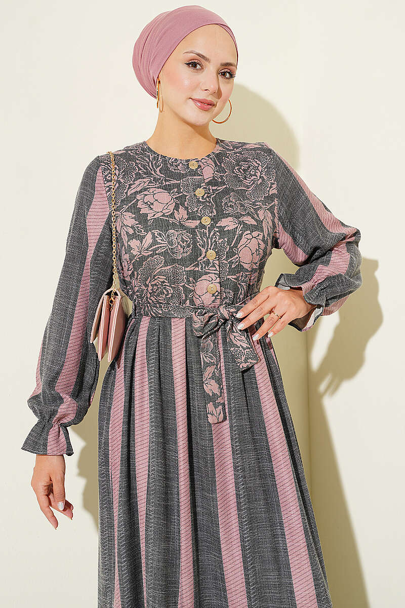 Half Button Floral Trimmed Dress Smoke – Bild 2