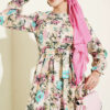 Half Button Floral Linen Dress Fuchsia – Image 2