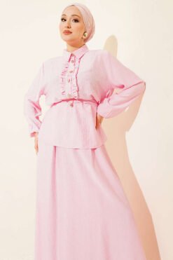 Alternative view of Half Button Ruffled Skirt Set Pink