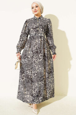 Half Buttoned Smocked Dress Black