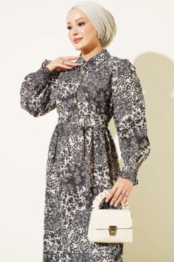 Alternative view of Half Buttoned Smocked Dress Black