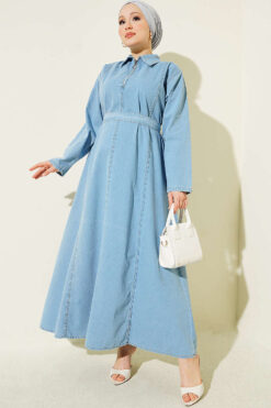 Half-Zip Belted Denim Dress Light Blue