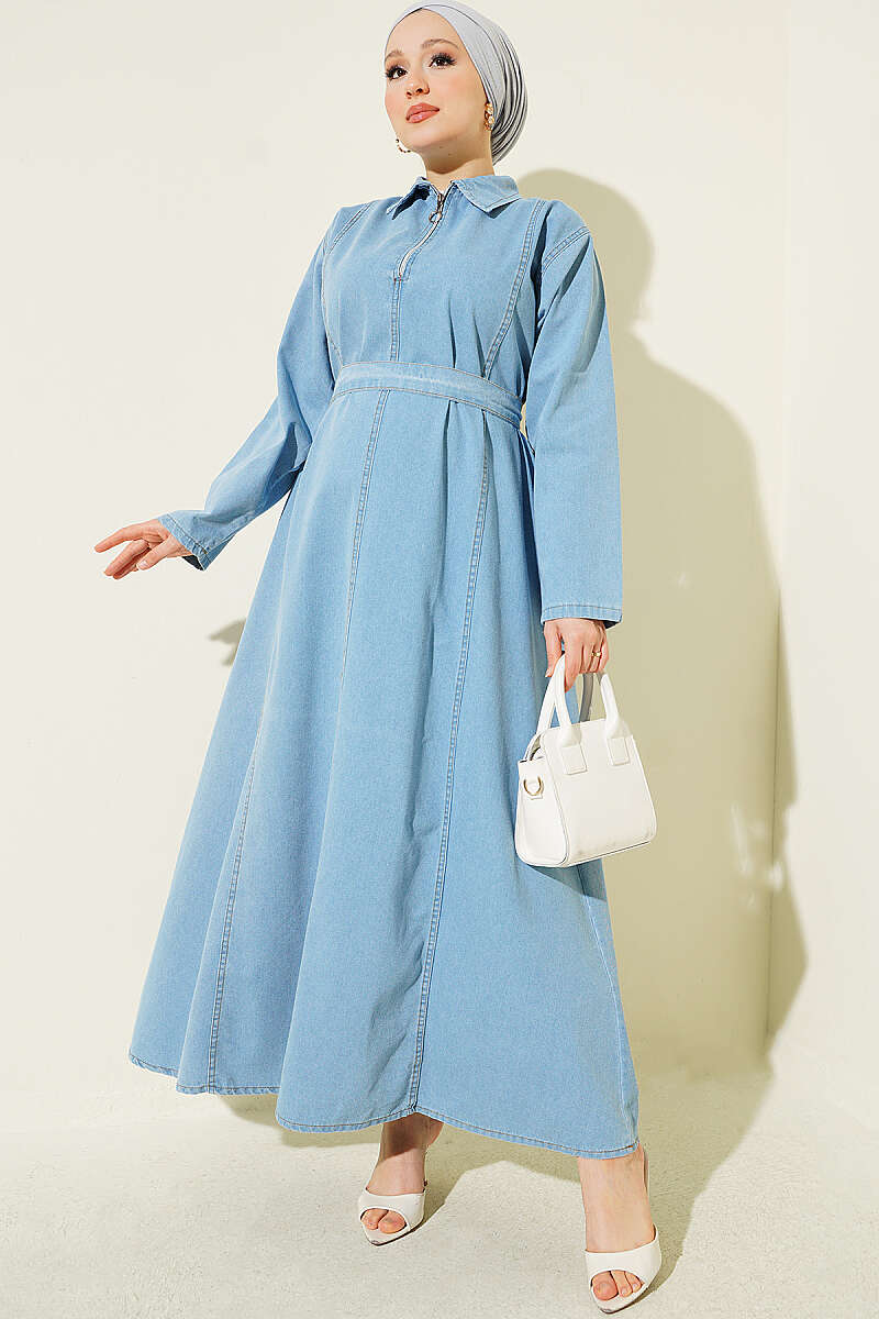 Half-Zip Belted Denim Dress Light Blue