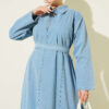 Half-Zip Belted Denim Dress Light Blue - الصورة 2