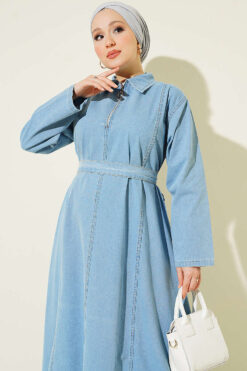Alternative view of Half-Zip Belted Denim Dress Light Blue