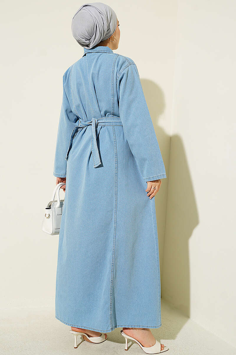 Half-Zip Belted Denim Dress Light Blue - الصورة 3