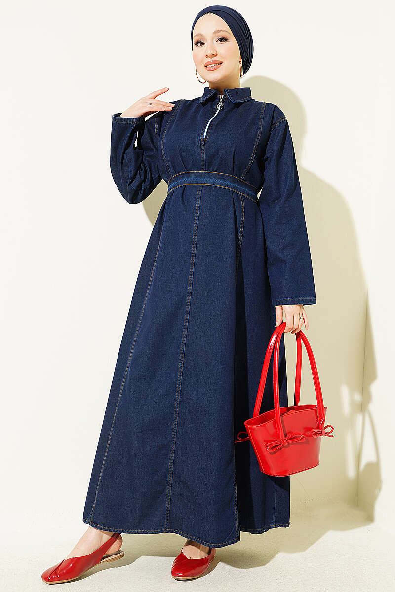 Half-Zip Belted Denim Dress Navy Blue