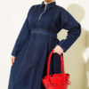 Half-Zip Belted Denim Dress Navy Blue - Image 2