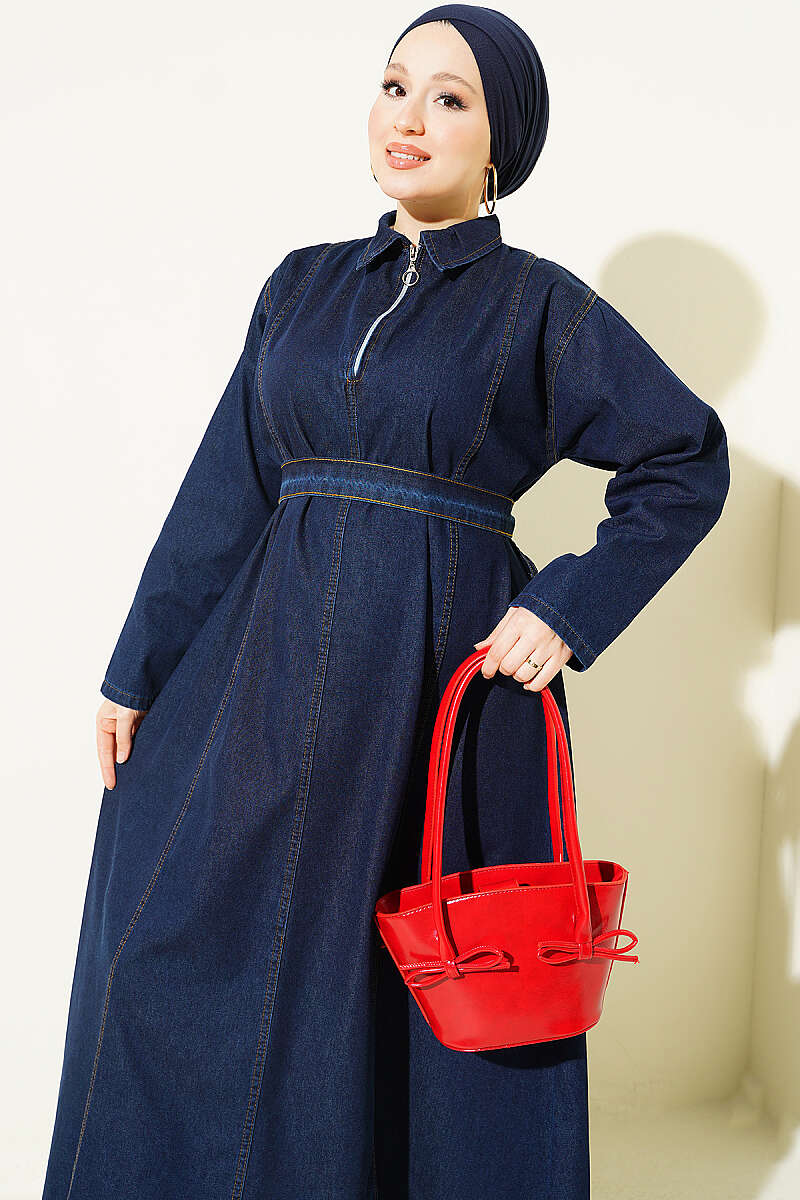 Half-Zip Belted Denim Dress Navy Blue - Image 2