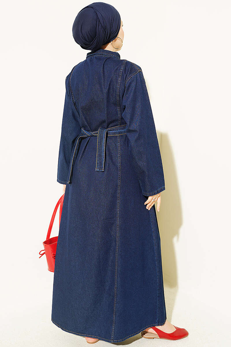 Half-Zip Belted Denim Dress Navy Blue - Image 3