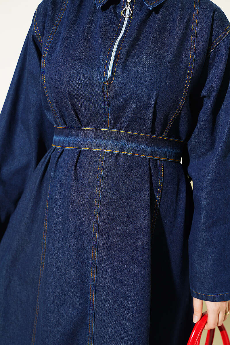Half-Zip Belted Denim Dress Navy Blue - Image 4
