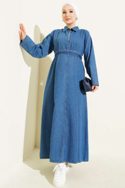 Half-Zip Belted Denim Dress Blue