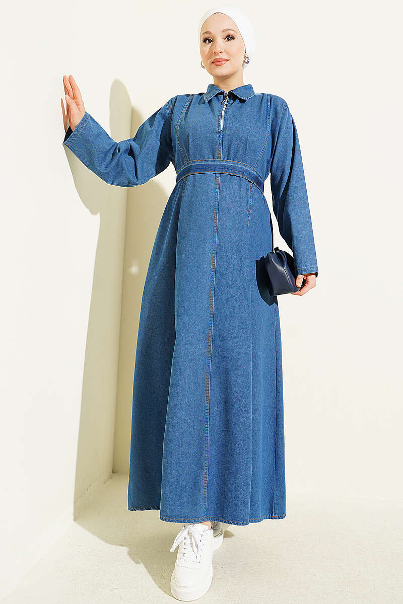 Half-Zip Belted Denim Dress Light Blue - الصورة 5