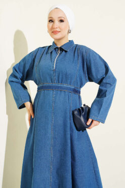 Alternative view of Half-Zip Belted Denim Dress Blue