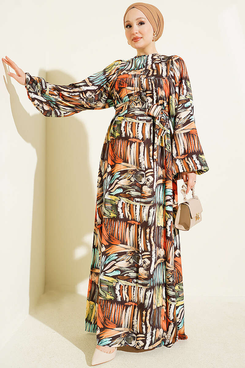 Half Placket Printed Dress Brown