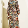 Half Placket Printed Dress Brown - Image 3