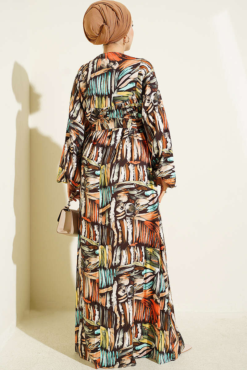 Half Placket Printed Dress Brown - Image 3