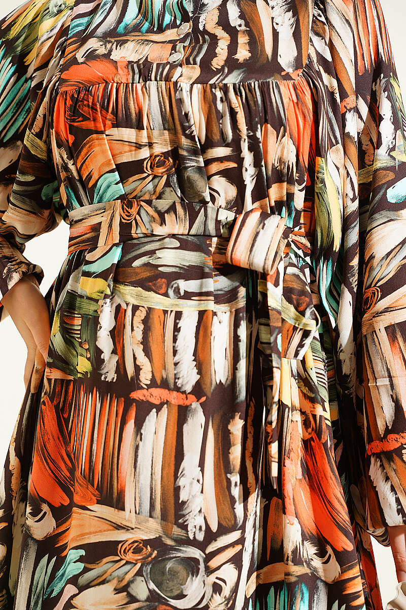 Half Placket Printed Dress Brown - Image 4