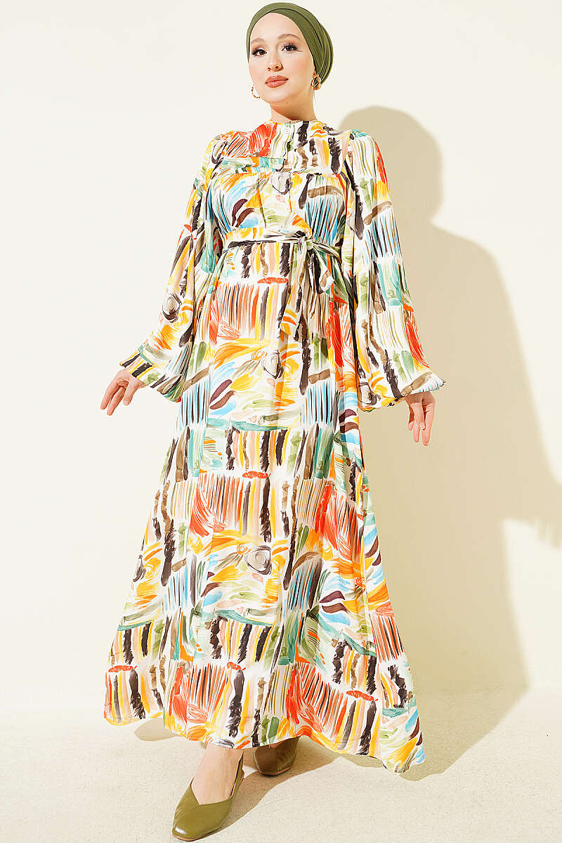 Half Placket Printed Dress Orange