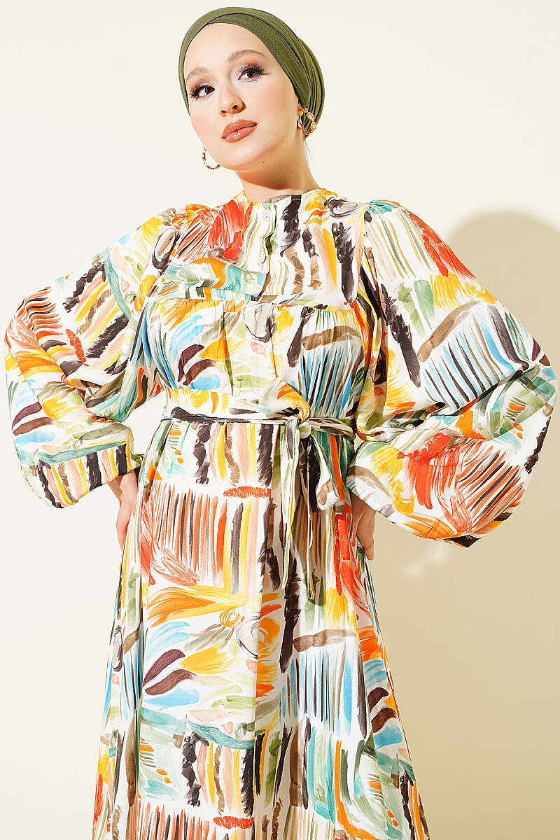 Half Placket Printed Dress Orange - Image 2
