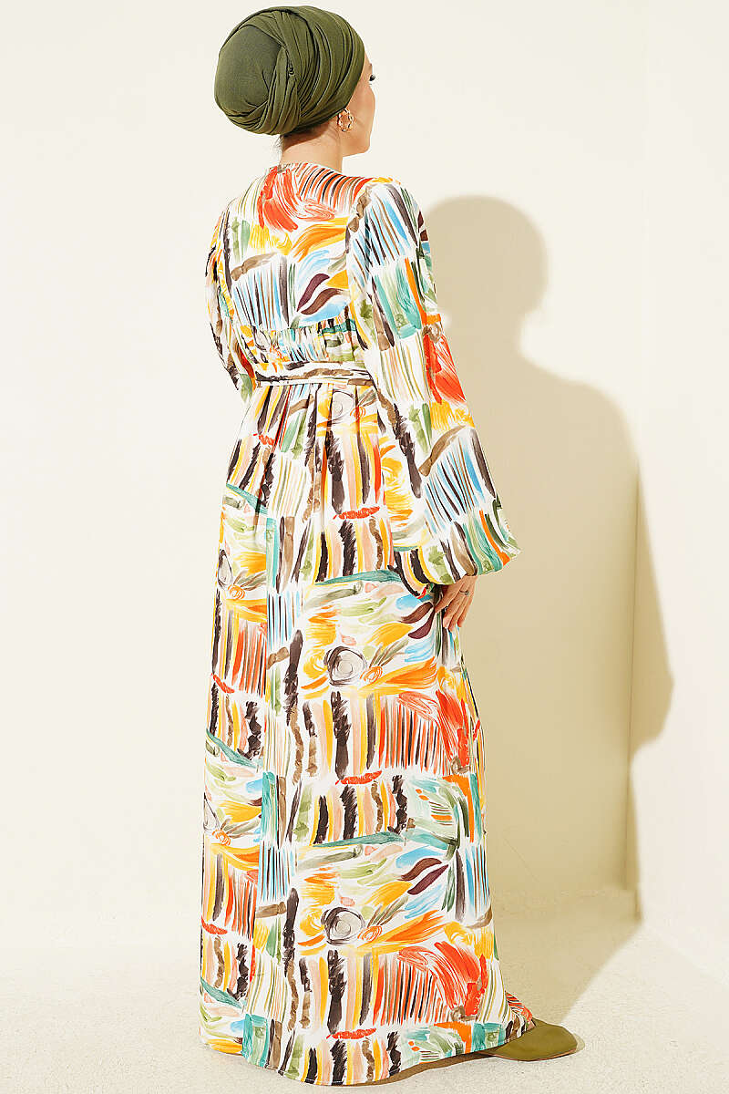 Half Placket Printed Dress Orange - Image 3