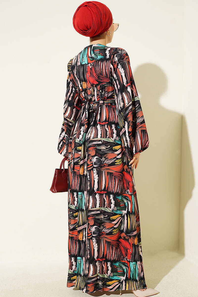 Half Placket Printed Dress Black - Image 3