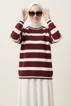 Short Knit Sweater with Horizontal Stripe Detail Burgundy
