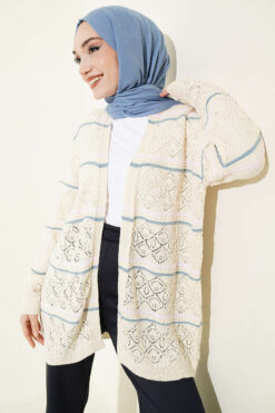Horizontal Striped Openwork Knit Cardigan Beige