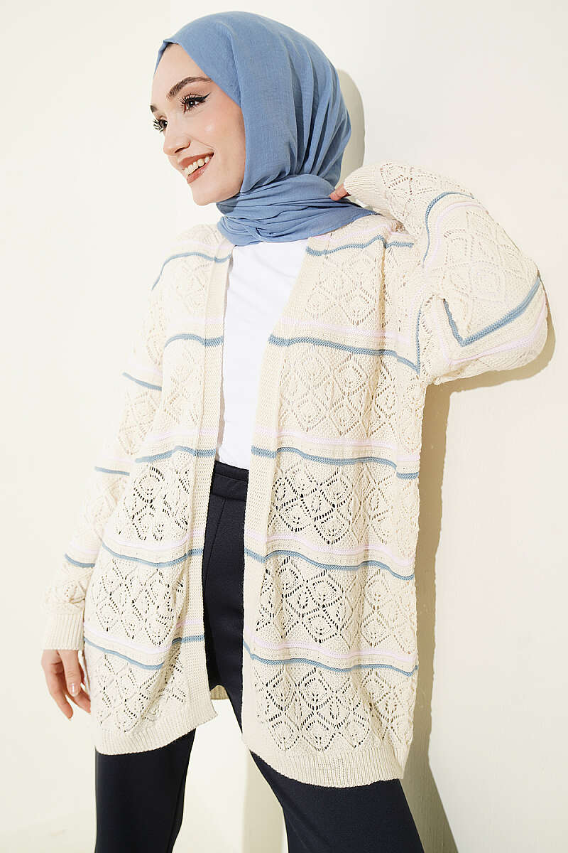 Horizontal Striped Openwork Knit Cardigan Beige