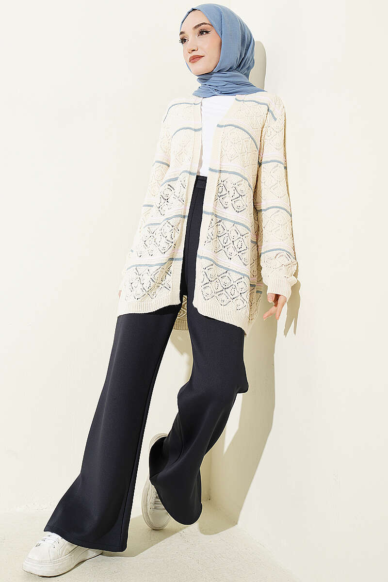 Horizontal Striped Openwork Knit Cardigan Beige - Image 2