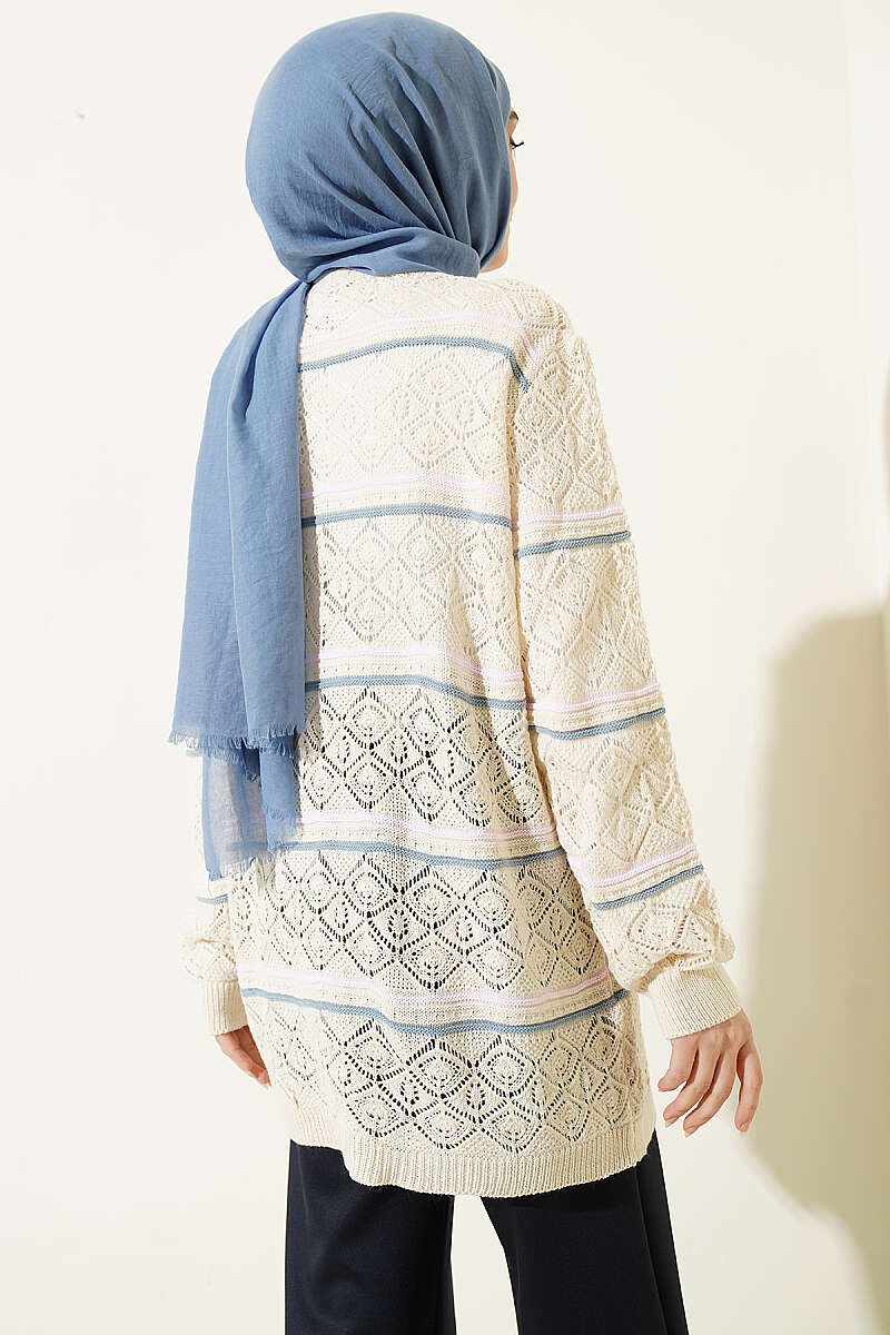 Horizontal Striped Openwork Knit Cardigan Beige - Image 3