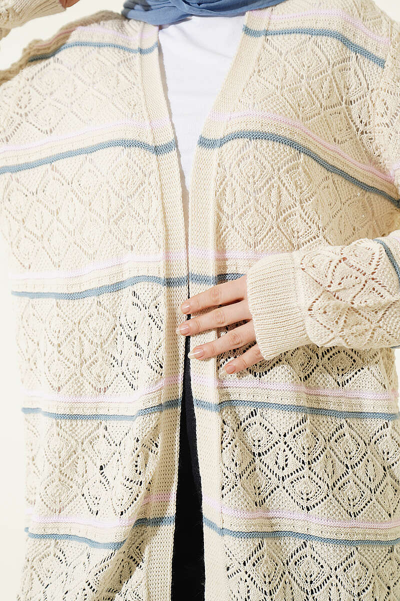 Horizontal Striped Openwork Knit Cardigan Beige - Image 4
