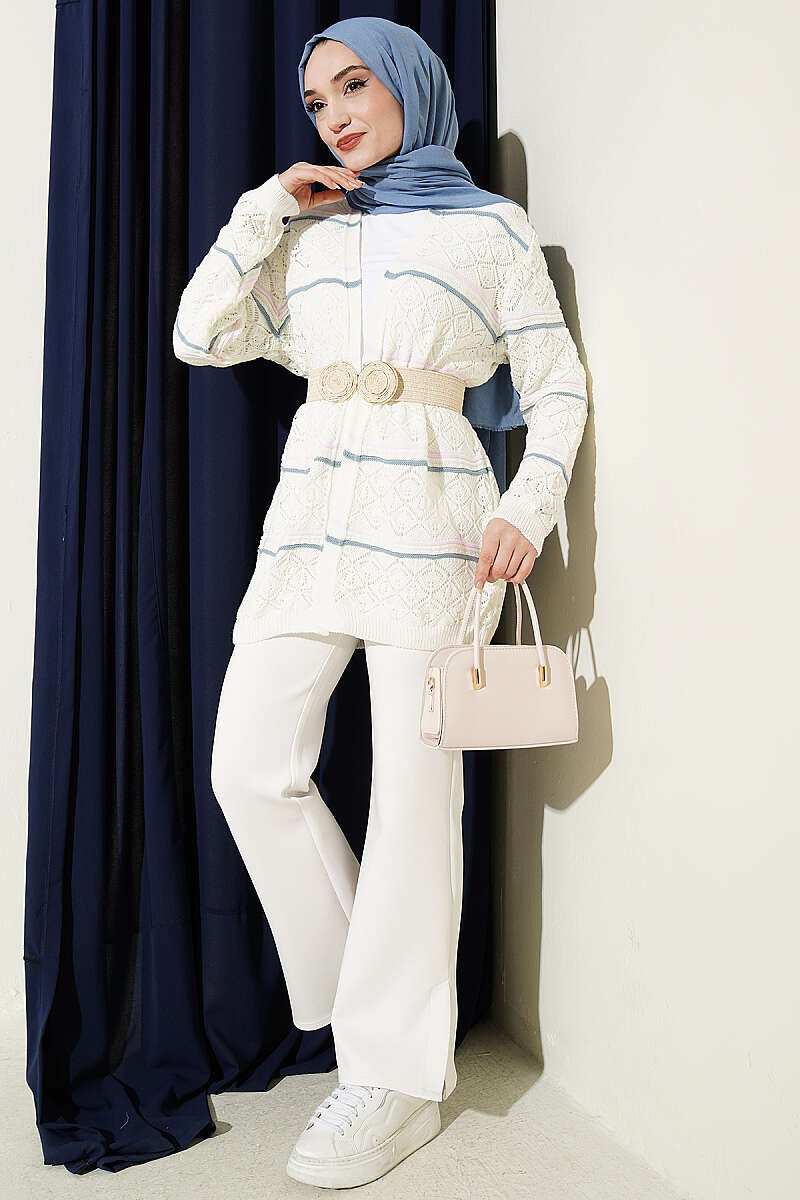 Horizontal Striped Openwork Knit Cardigan Ecru - Image 2