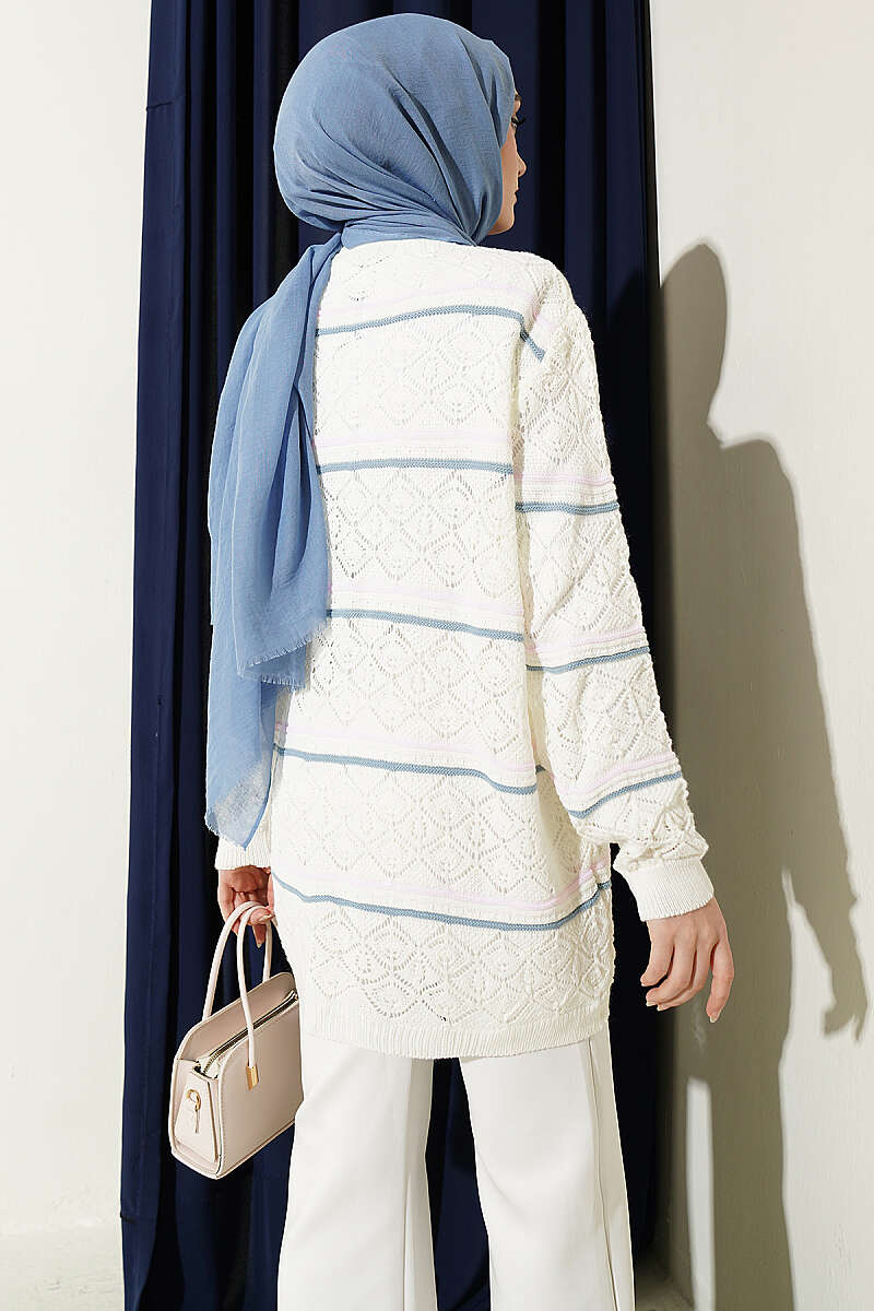 Horizontal Striped Openwork Knit Cardigan Ecru - Image 3