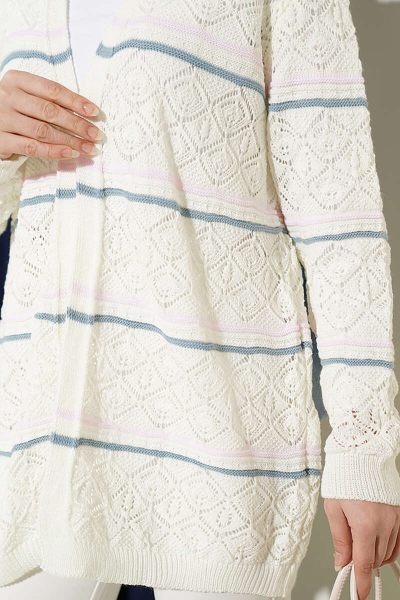 Horizontal Striped Openwork Knit Cardigan Ecru - Image 4