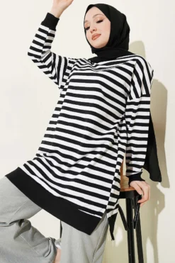 Horizontal Wide Striped Tunic Black